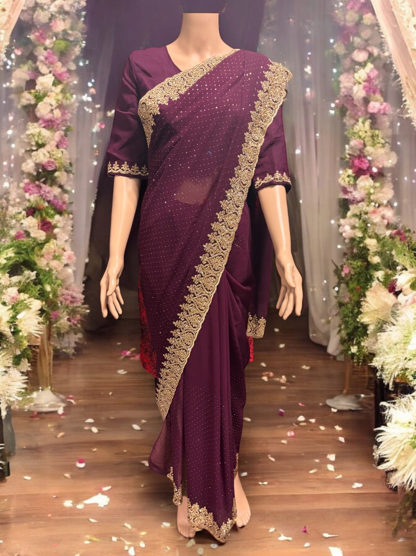TRADITIONAL PURPLE PARTY WEAR STONEWORK SAREE WITH READY BLOUSE - 023