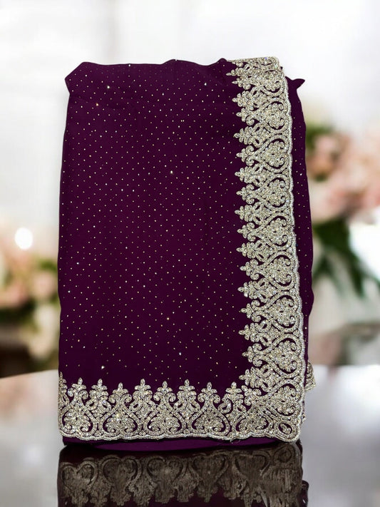 TRADITIONAL PURPLE PARTY WEAR STONEWORK SAREE WITH READY BLOUSE - 023