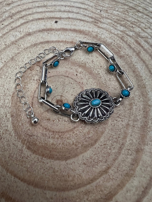 Soldered Faux Turquoise Chain Concho Bracelet with 3 inch extender
