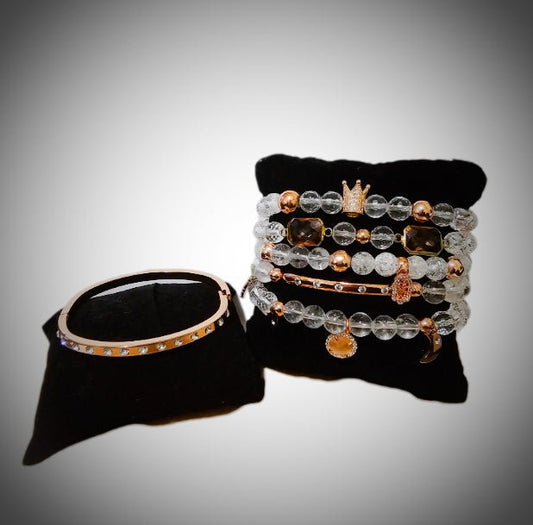 STACKED ROSE CLEAR QUARTZ CROWN BRACELET SET