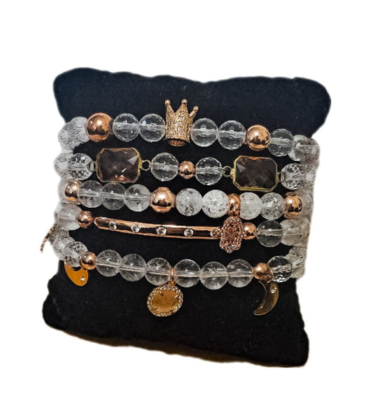 STACKED ROSE CLEAR QUARTZ CROWN BRACELET SET
