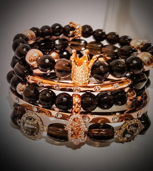 STACKED ROSE SMOKY QUARTZ CROWN BRACELET SET