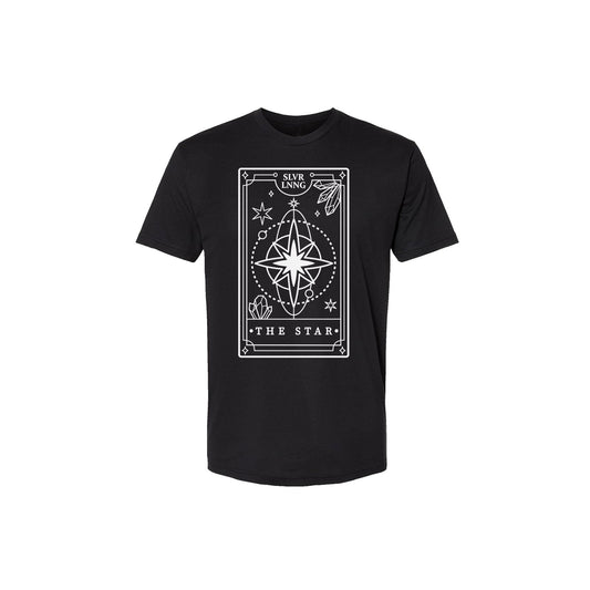 STAR TAROT CARD UNISEX BLACK T-SHIRT INFUSED WITH CLEAR QUARTZ
