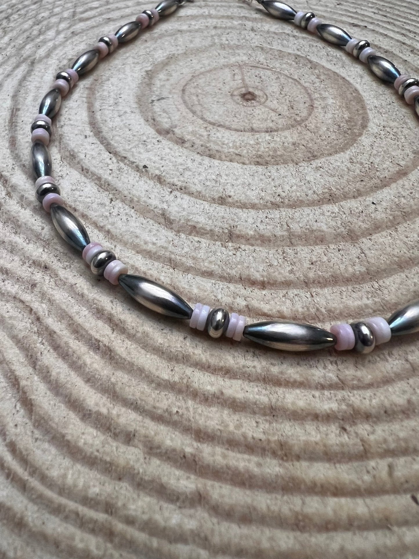 Sterling Torpedo Pearl Choker with Pink Conch - 14 inch + 3