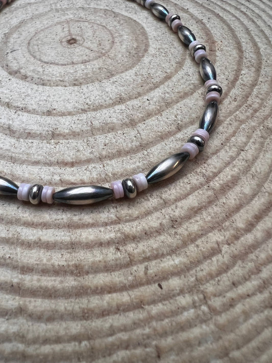 Sterling Torpedo Pearl Choker with Pink Conch - 14 inch + 3