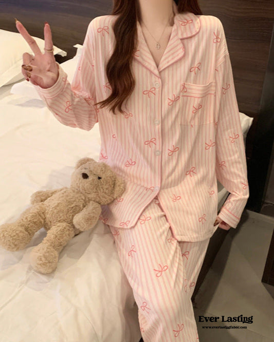 STRIPED BOW LONG SLEEVES AND PANTS PAJAMA SET