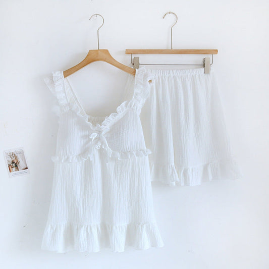 SWEET RUFFLE SHORTS PAJAMA SET / WHITE
