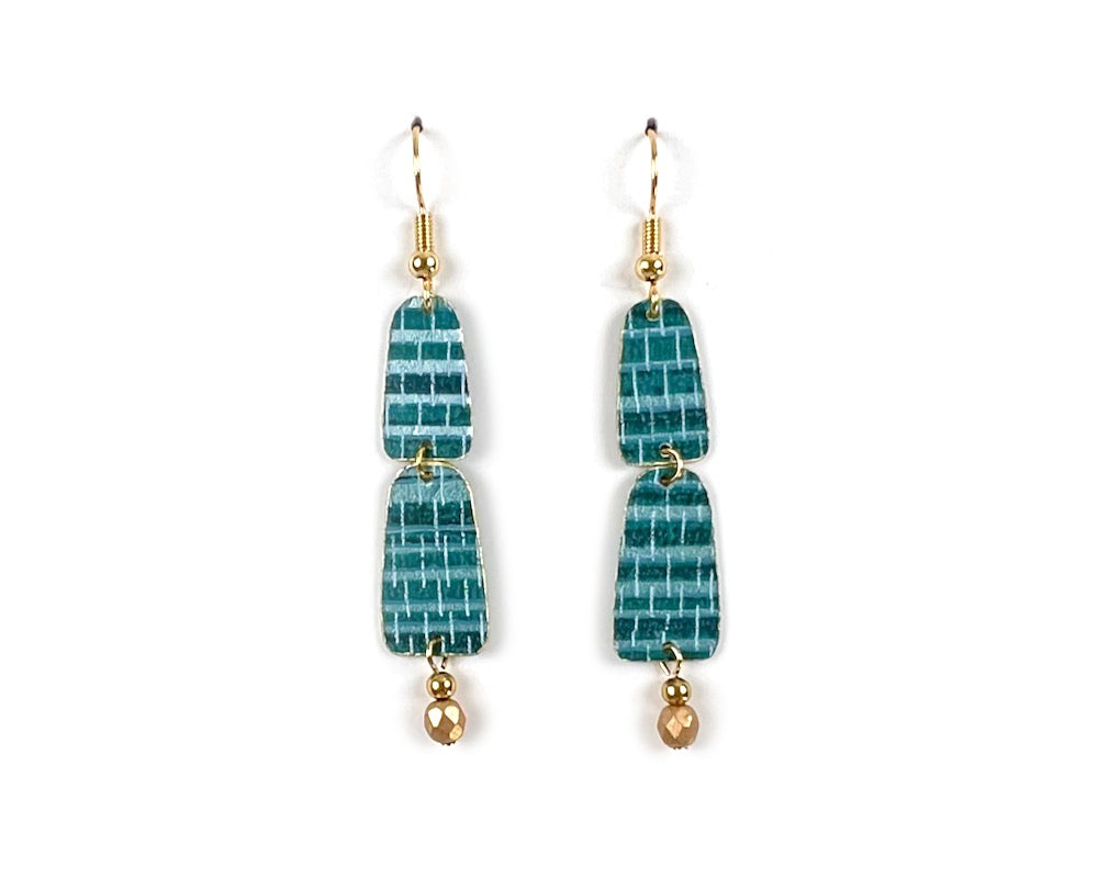 TEAL GRASSCLOTH LAYERED ARCHES EARRINGS WITH GOLD BEAD DANGLES