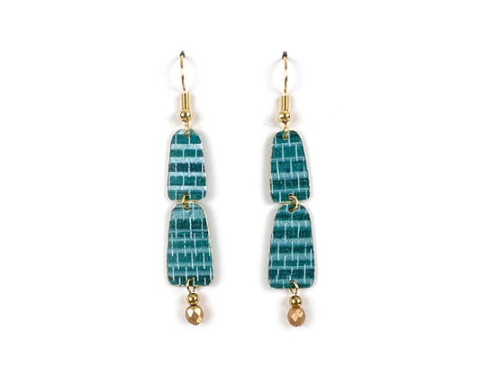 TEAL GRASSCLOTH LAYERED ARCHES EARRINGS WITH GOLD BEAD DANGLES