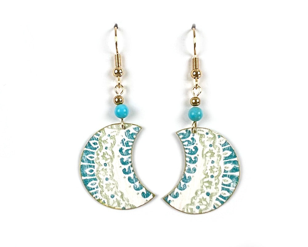 TEAL AND GREEN CRESCENT DROP EARRINGS WITH BEAD ACCENTS