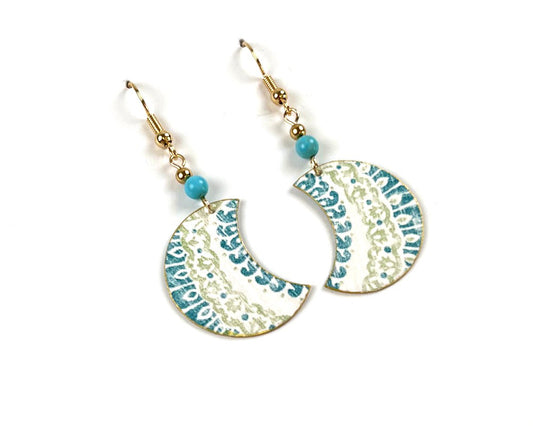 TEAL AND GREEN CRESCENT DROP EARRINGS WITH BEAD ACCENTS