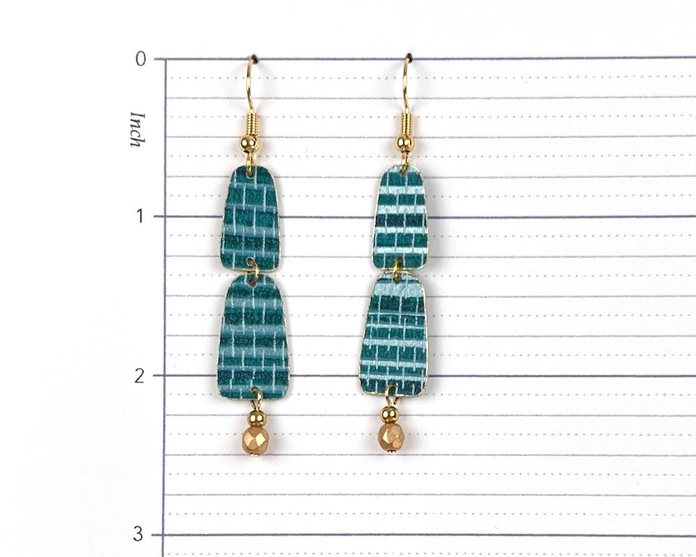 TEAL GRASSCLOTH LAYERED ARCHES EARRINGS WITH GOLD BEAD DANGLES