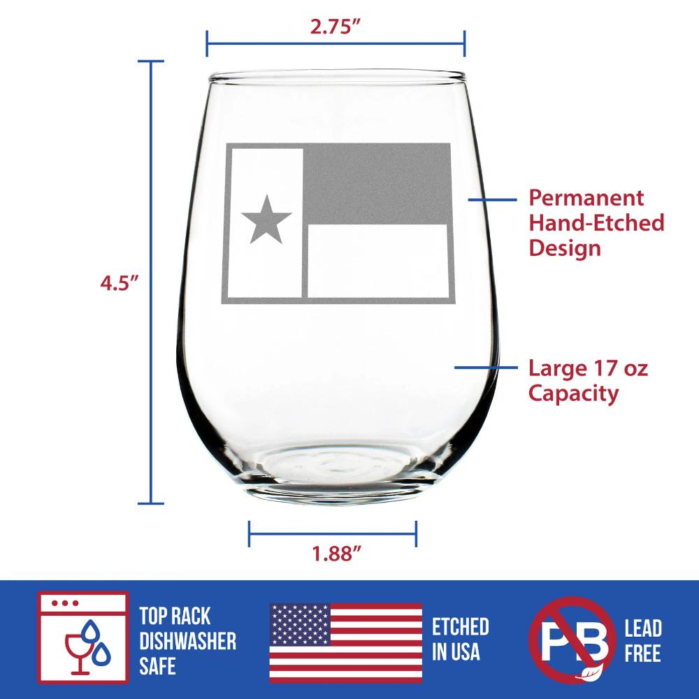 TEXAS FLAG – CUTE FUNNY STEMLESS WINE GLASS, LARGE 17 OUNCES, ETCHED SAYINGS, GIFT BOX