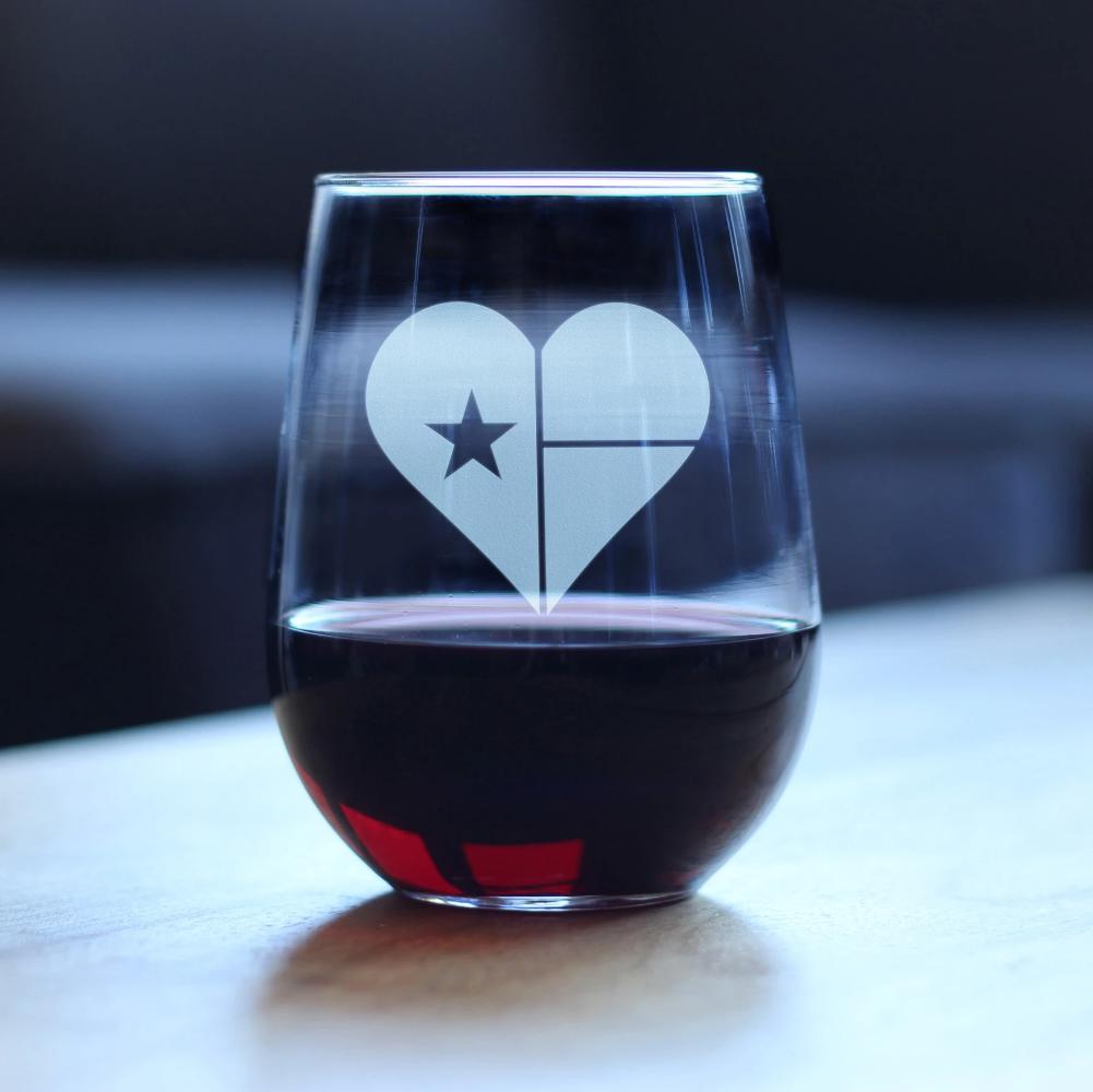 TEXAS FLAG HEART – CUTE FUNNY STEMLESS WINE GLASS, LARGE 17 OUNCES, ETCHED SAYINGS, GIFT BOX
