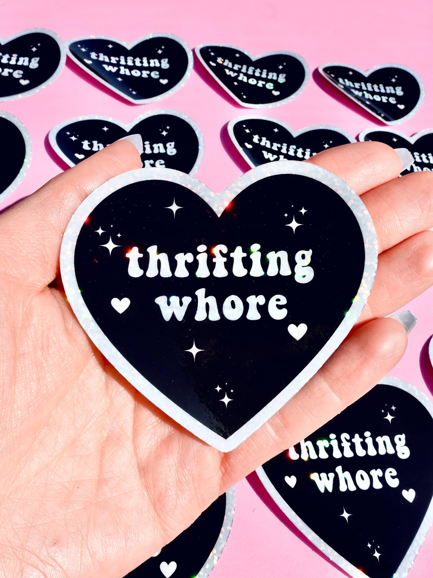 THRIFTING WHORE HOLOGRAPHIC VINYL STICKER – FUNNY STICKER FOR VINTAGE ADDICTS & RESELLERS