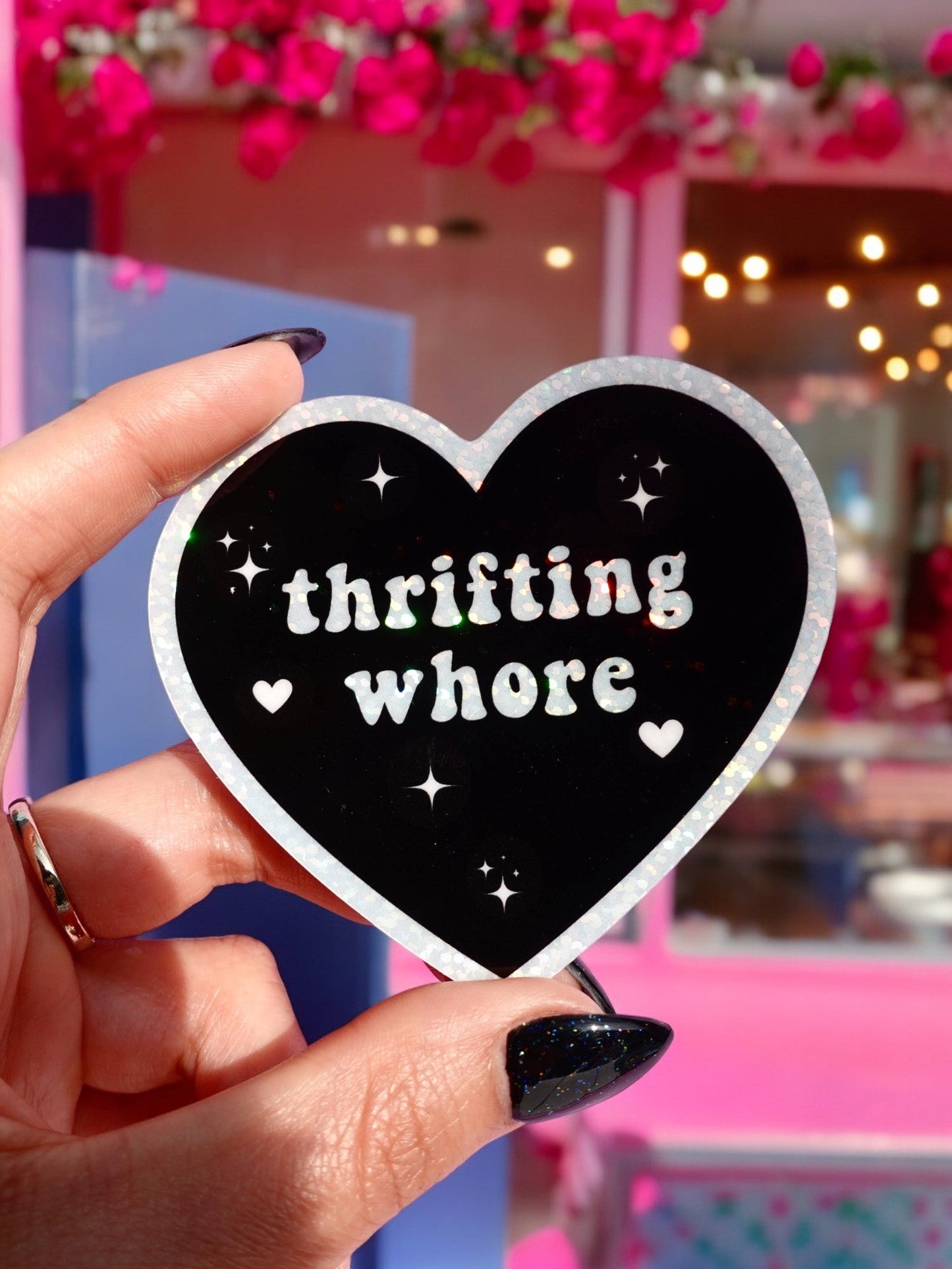 THRIFTING WHORE HOLOGRAPHIC VINYL STICKER – FUNNY STICKER FOR VINTAGE ADDICTS & RESELLERS
