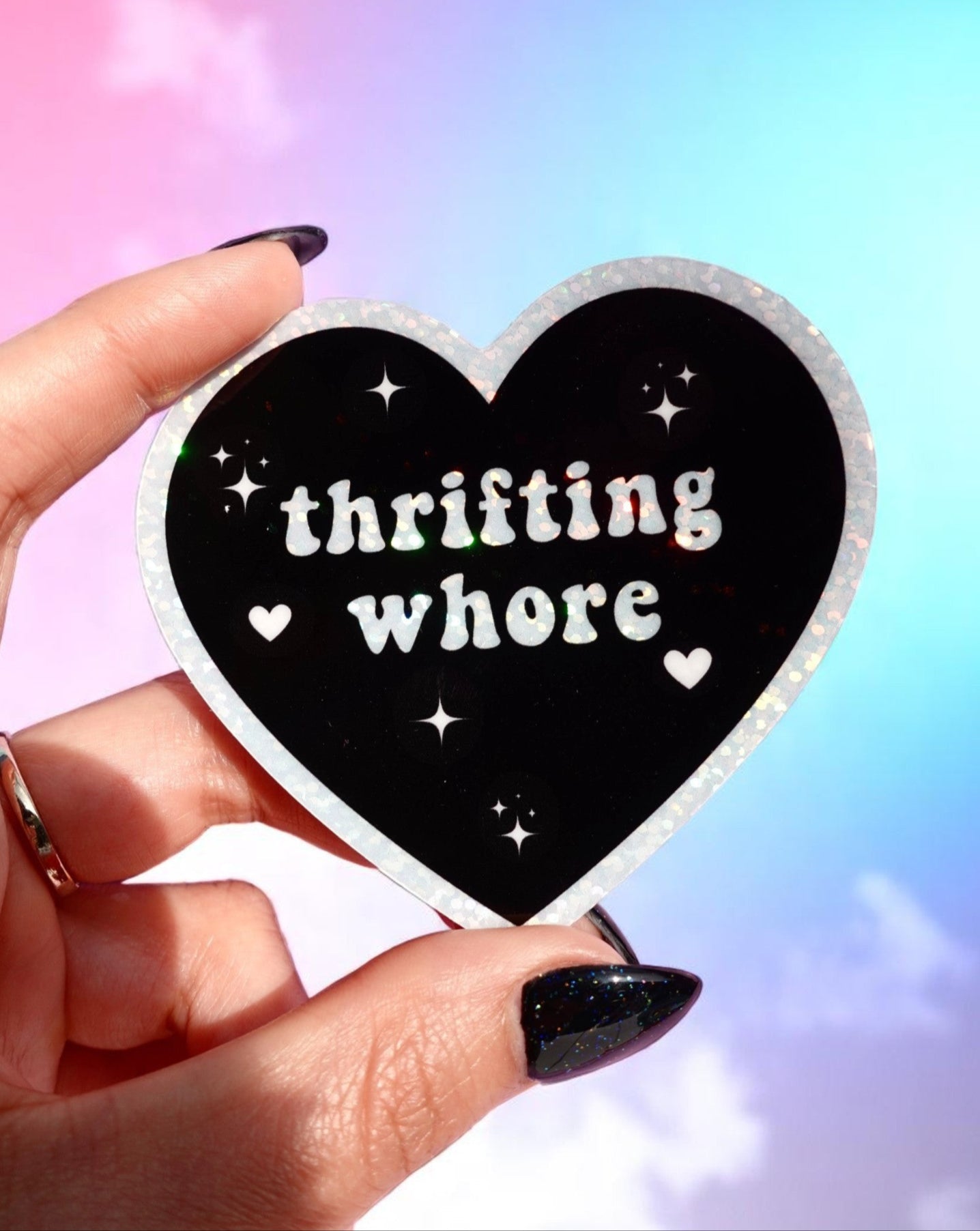 THRIFTING WHORE HOLOGRAPHIC VINYL STICKER – FUNNY STICKER FOR VINTAGE ADDICTS & RESELLERS