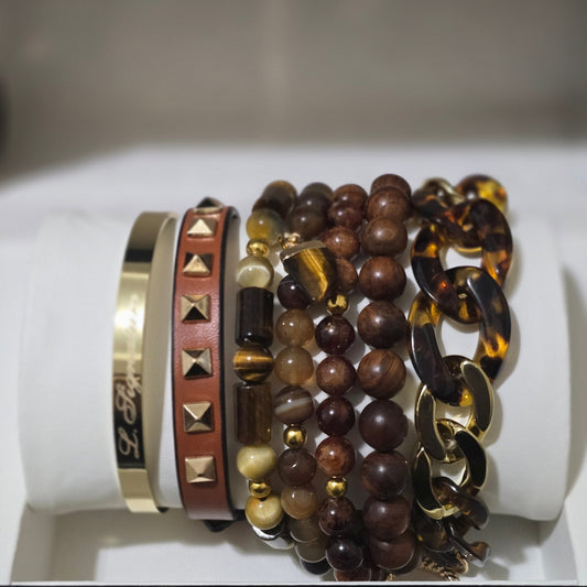 TIGER EYE AND WOOD BEAD BRACELET SET