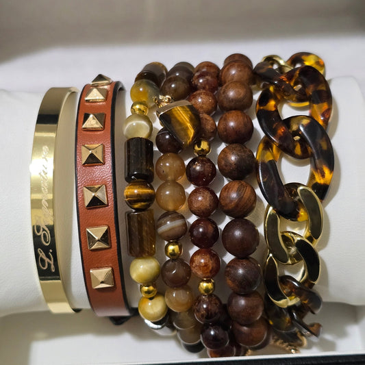 TIGER EYE AND WOOD BEAD BRACELET SET