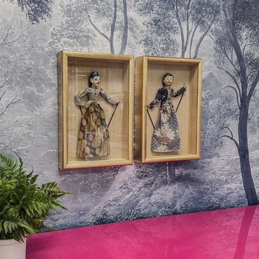 VINTAGE FRAMED STICK PUPPET SET