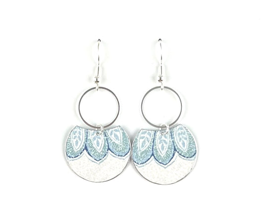 SWEET BLUE AND SILVER EARRINGS WITH FLORAL LEAF PRINT