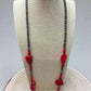 Western Faux Pearl Statement Necklace with Red Stone - 32 inch