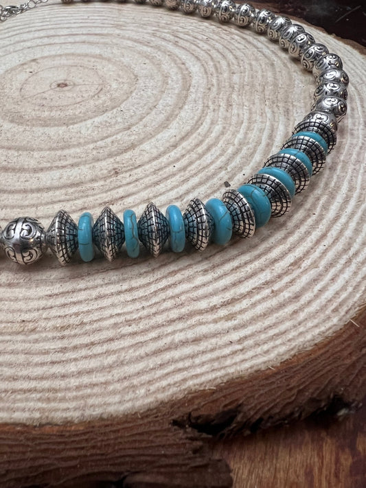 Western Faux Stamped Sterling Pearls, Saucers and Turquoise - 24 inch + 3