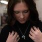 Western Rhinestone Cross and Faux Turquoise Dangle Necklace - 18 inch + 3