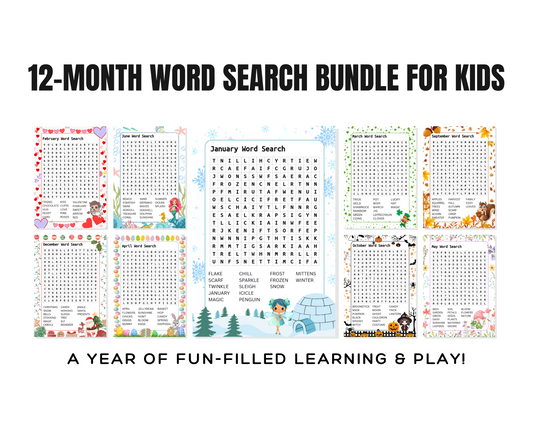 12 Month Word Search Bundle for Kids – Fun & Educational Monthly Themes